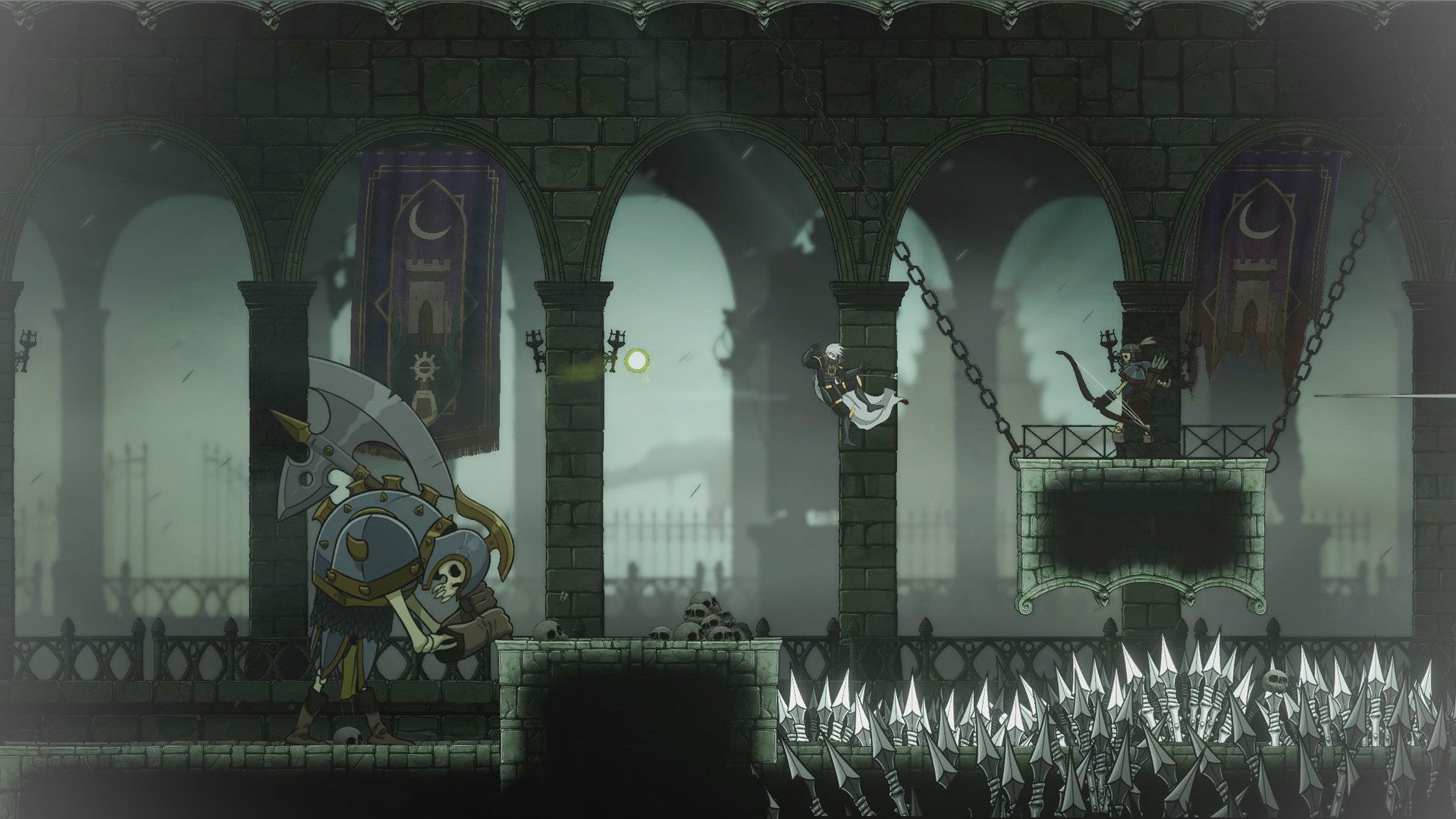 A man jumps over a pit of spikes in Aeterna Noctis.